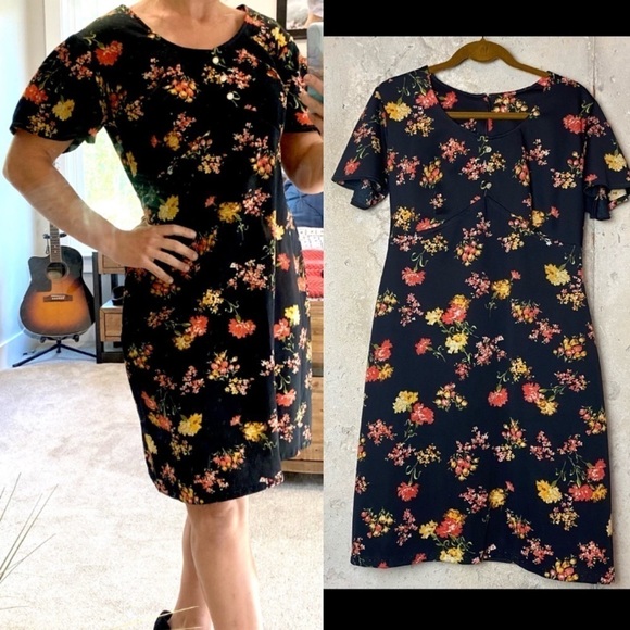 Vintage 60s black mustard floral shift dress - Picture 1 of 9